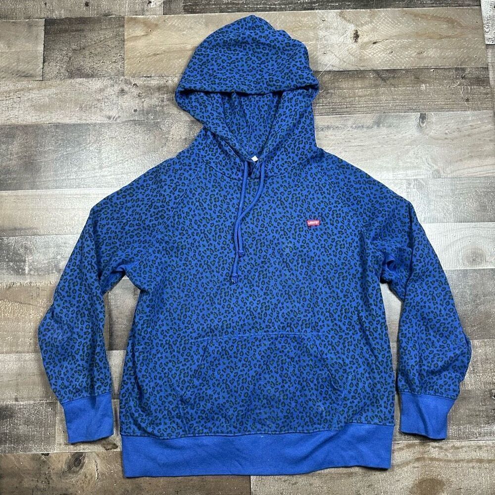 Levi’s Women’s Size Medium Hoodie Blue Black Leopard Print Pullover Casual